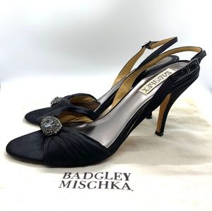 Black Satin Ankle Strap Sexy Heels Size 7.5